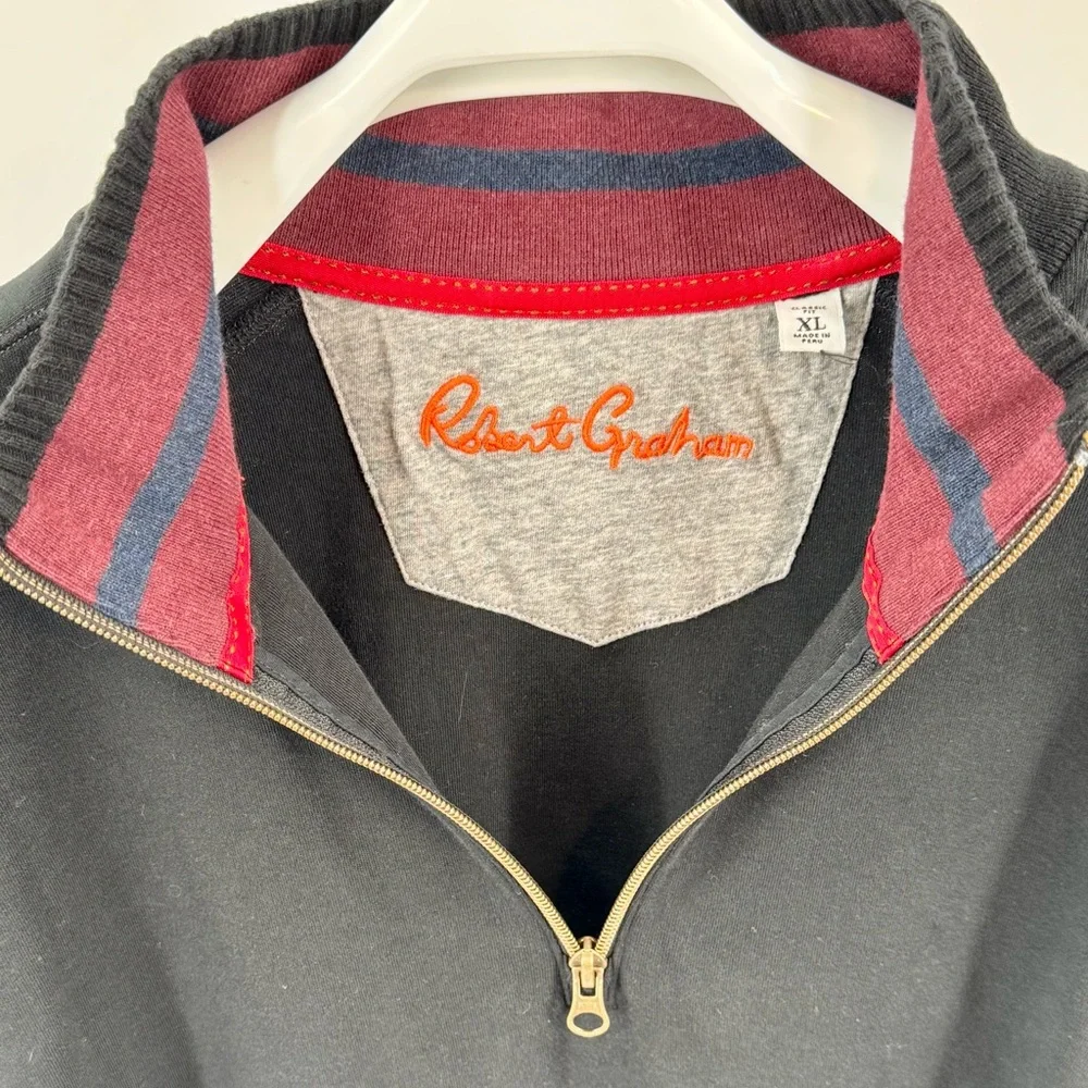 Robert Graham Black Quarter Zip Cotton Sweater with Gray and Red Accents Size XL